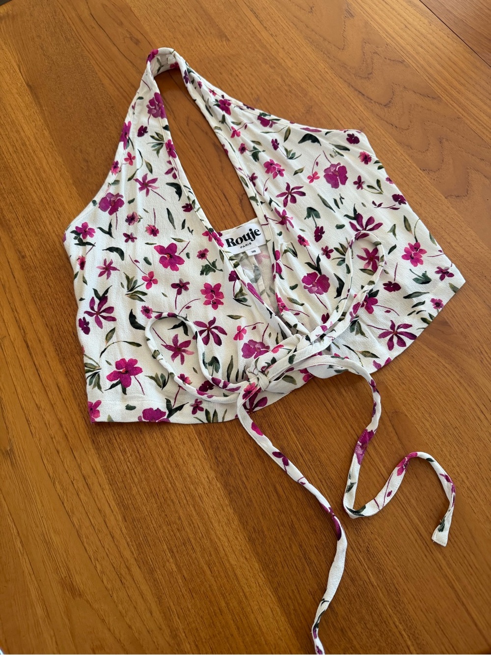 Rouje Cream Floral Tie-Front Halter Crop Top in Pink